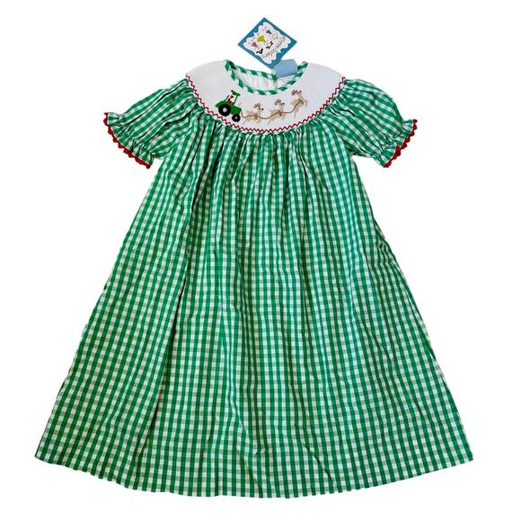 NWT Three Sisters Size 5 Santa Tractor Smocked Dress - Picture 1 of 5